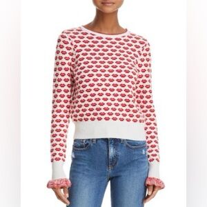 French Connection Valentines Day Kiss Print Sweater w/ ruffle sleeve, Size Small